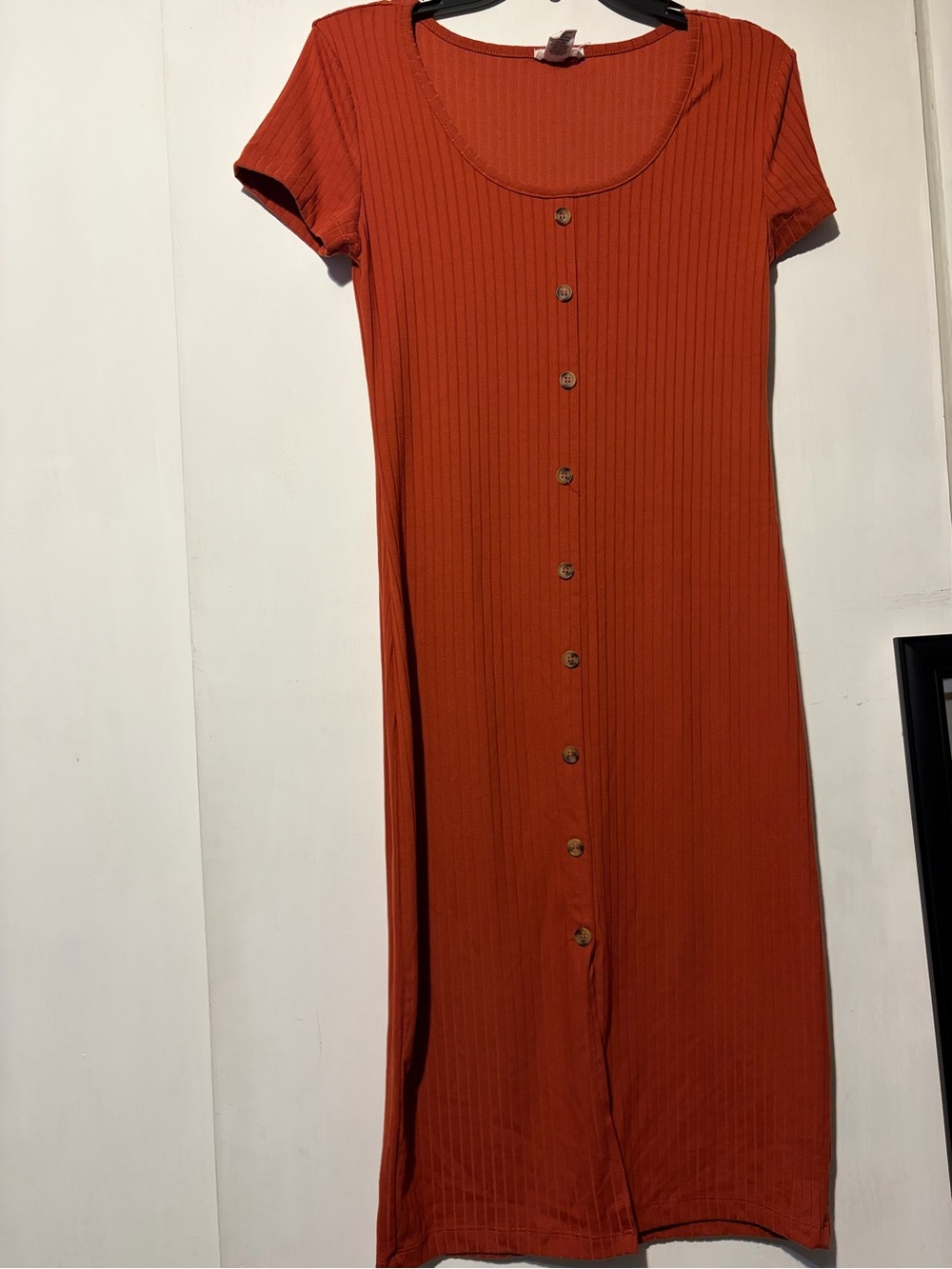 Short Sleeve Button-Front Terracotta Midi Dress